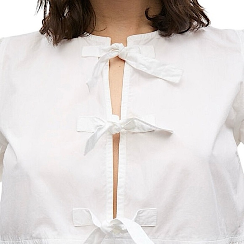 Ganni White Cotton Poplin Tie String Mini Dress Boho Beachy Size 44EU or 14US - Picture 4 of 13